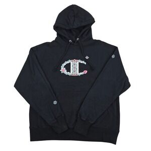 Champion Reverse Weave Hoodie Mens Large Black Jeweled Big C Graphic Logo Y2K